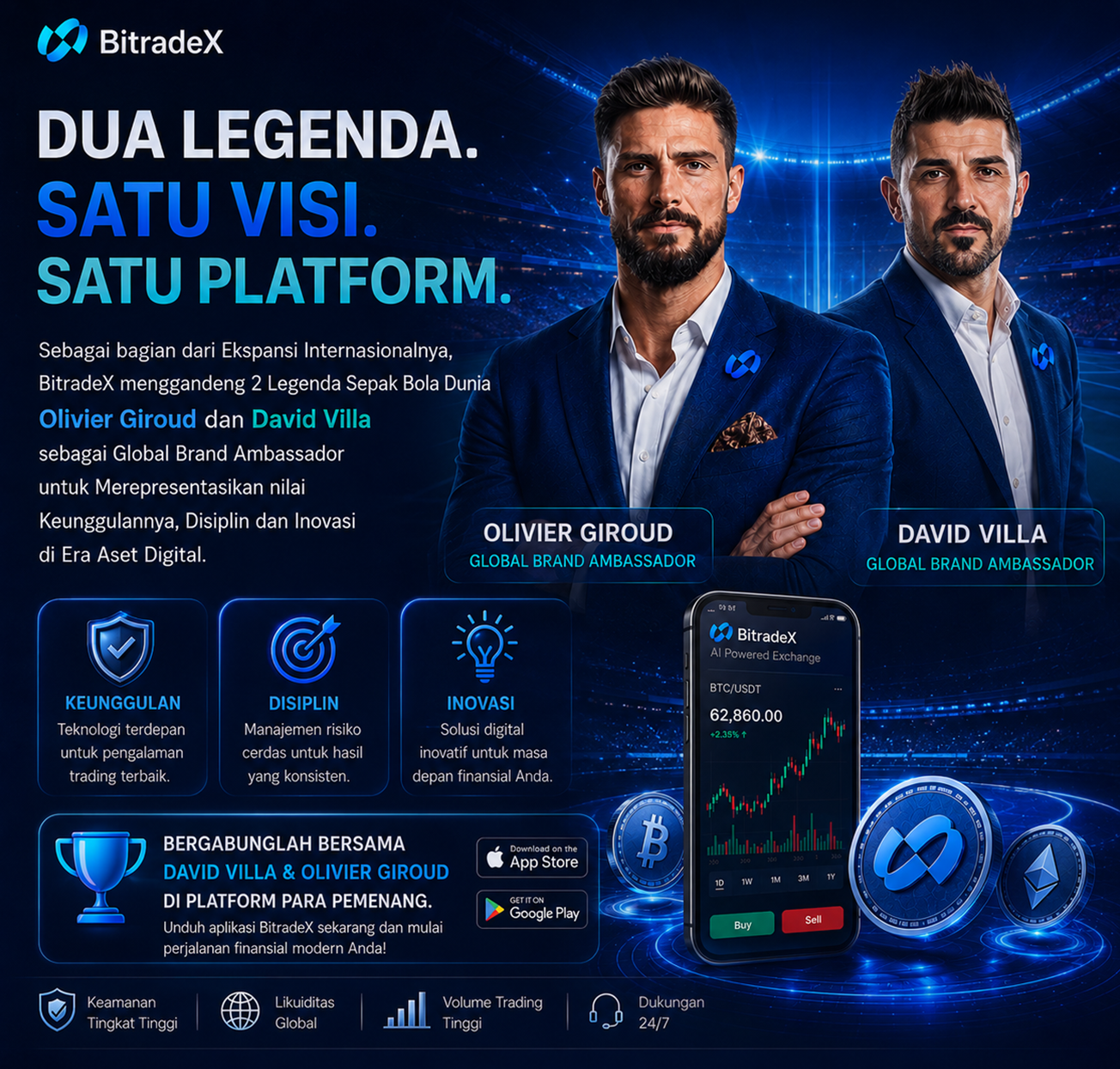 Sebagai bagian dari Ekspansi Internasionalnya, BitradeX menggandeng 2 Legenda Sepak Bola Dunia Olivier Giroud dan David Villa sebagai Global Brand Ambassador untuk Merepresentasikan nilai Keunggulannya, Disiplin dan Inovasi di Era Aet Digital.